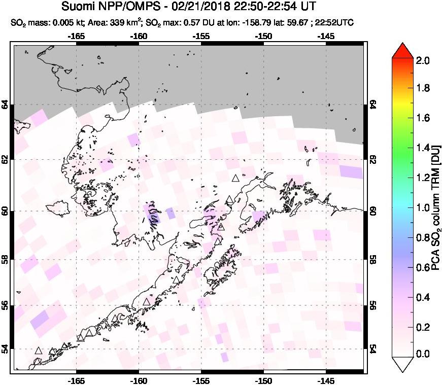 A sulfur dioxide image over Alaska, USA on Feb 21, 2018.