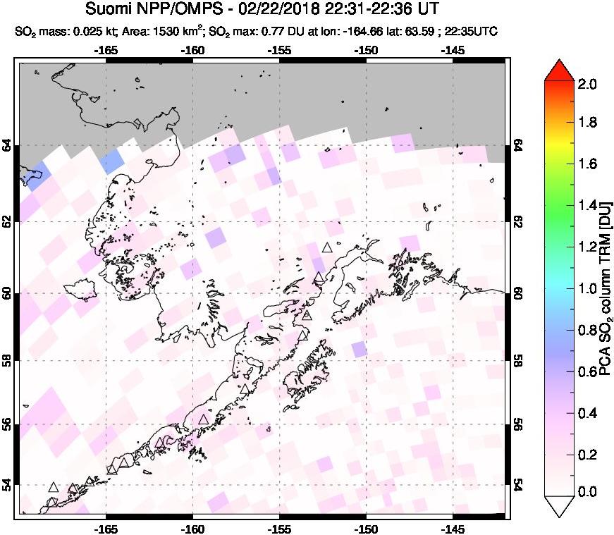 A sulfur dioxide image over Alaska, USA on Feb 22, 2018.