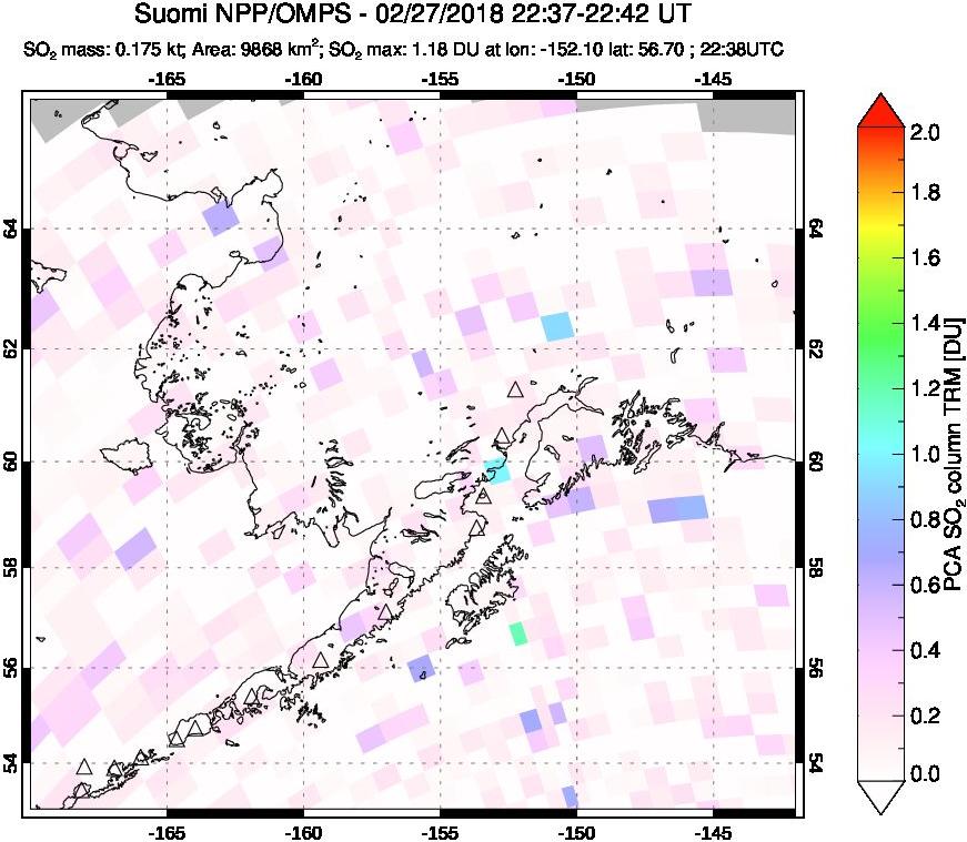 A sulfur dioxide image over Alaska, USA on Feb 27, 2018.