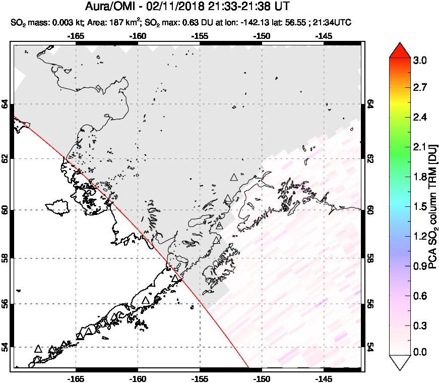 A sulfur dioxide image over Alaska, USA on Feb 11, 2018.