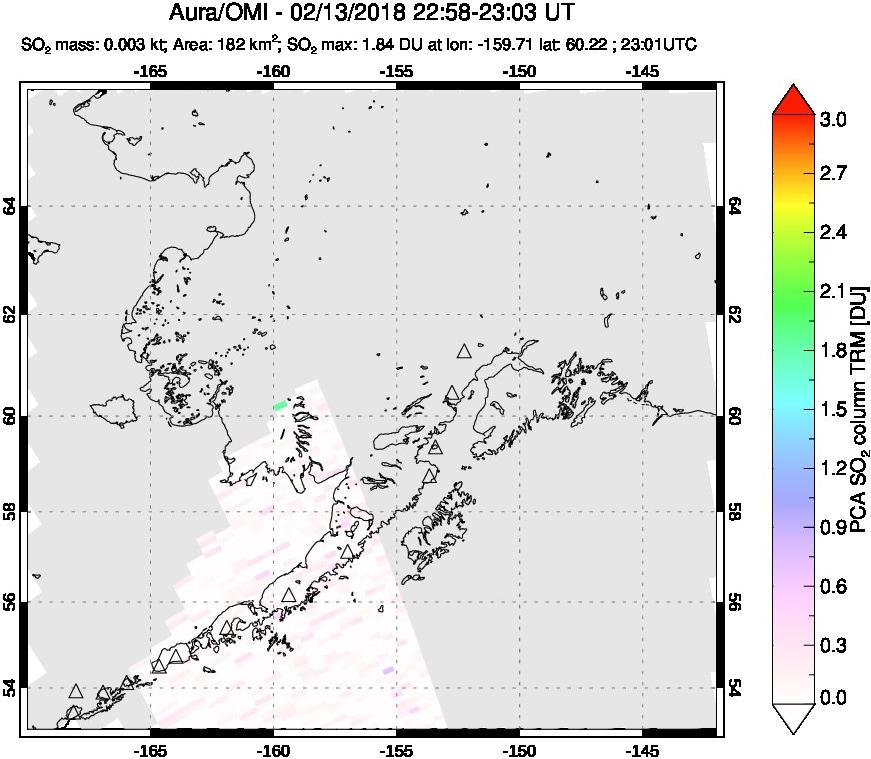 A sulfur dioxide image over Alaska, USA on Feb 13, 2018.