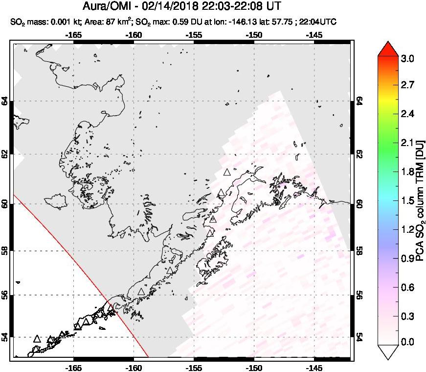 A sulfur dioxide image over Alaska, USA on Feb 14, 2018.