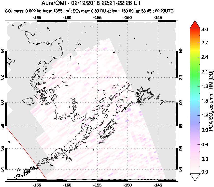 A sulfur dioxide image over Alaska, USA on Feb 19, 2018.