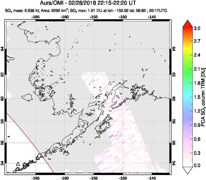 A sulfur dioxide image over Alaska, USA on Feb 28, 2018.