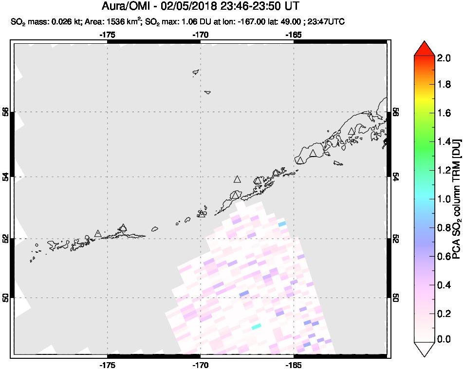 A sulfur dioxide image over Aleutian Islands, Alaska, USA on Feb 05, 2018.