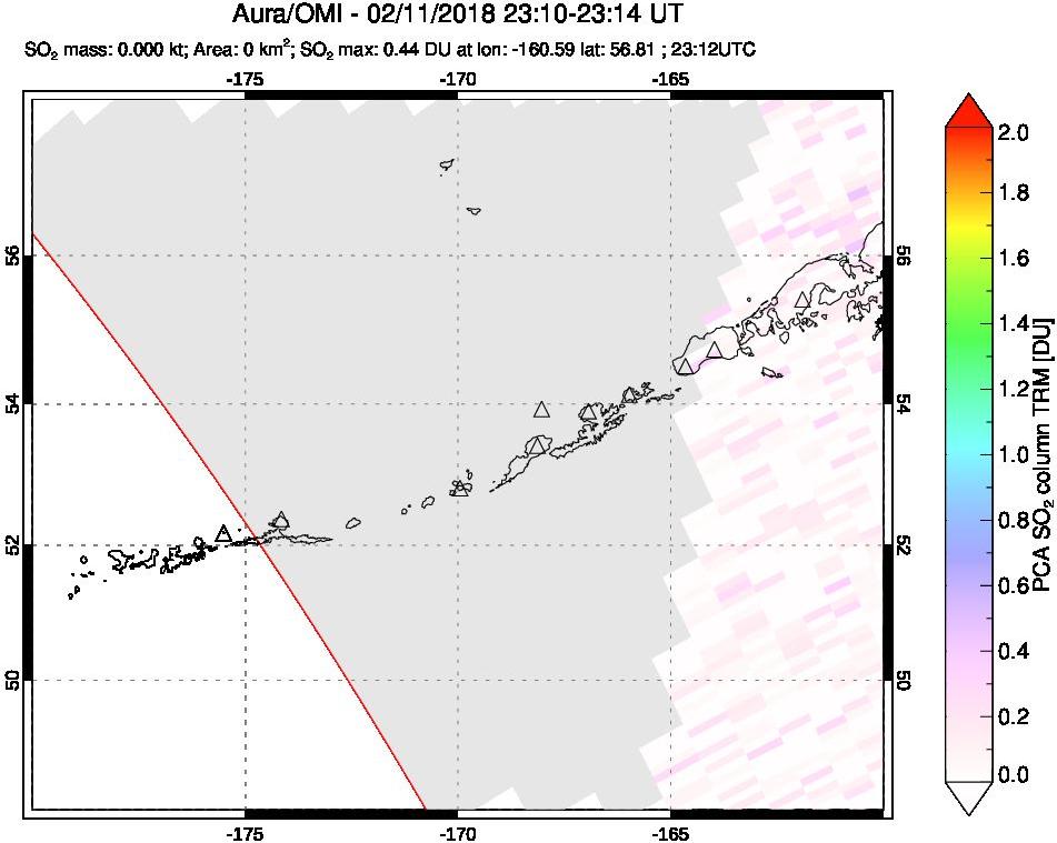 A sulfur dioxide image over Aleutian Islands, Alaska, USA on Feb 11, 2018.