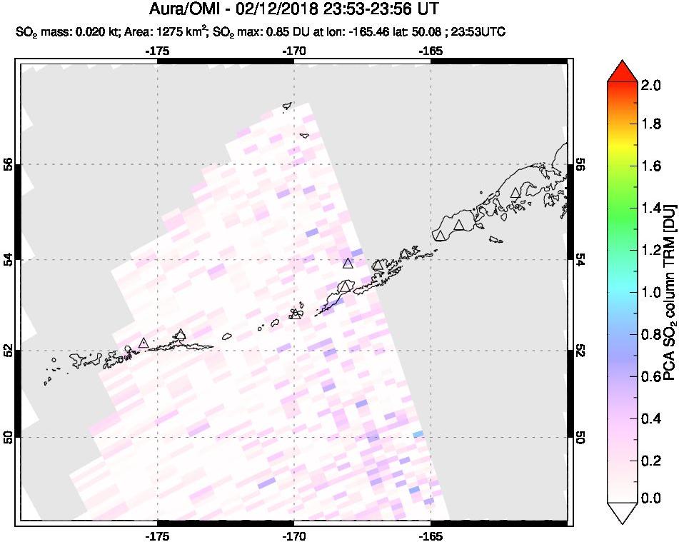 A sulfur dioxide image over Aleutian Islands, Alaska, USA on Feb 12, 2018.