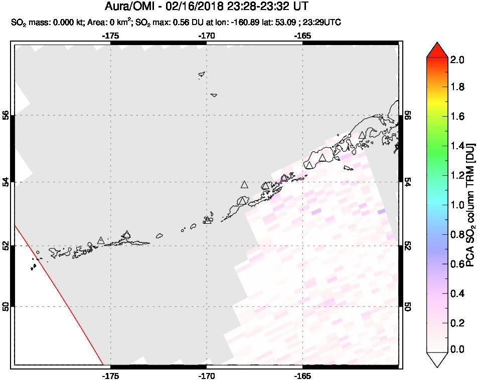 A sulfur dioxide image over Aleutian Islands, Alaska, USA on Feb 16, 2018.