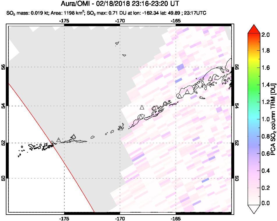 A sulfur dioxide image over Aleutian Islands, Alaska, USA on Feb 18, 2018.