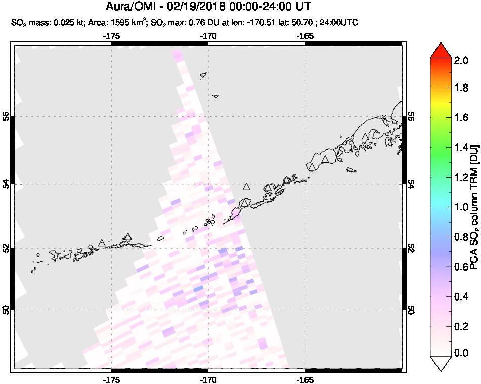 A sulfur dioxide image over Aleutian Islands, Alaska, USA on Feb 19, 2018.