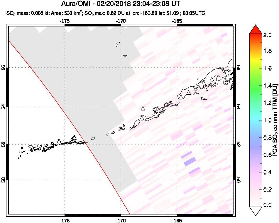 A sulfur dioxide image over Aleutian Islands, Alaska, USA on Feb 20, 2018.