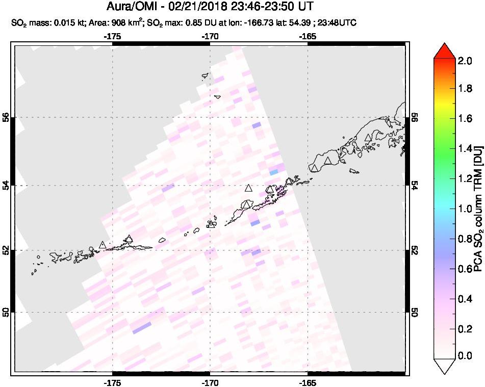 A sulfur dioxide image over Aleutian Islands, Alaska, USA on Feb 21, 2018.