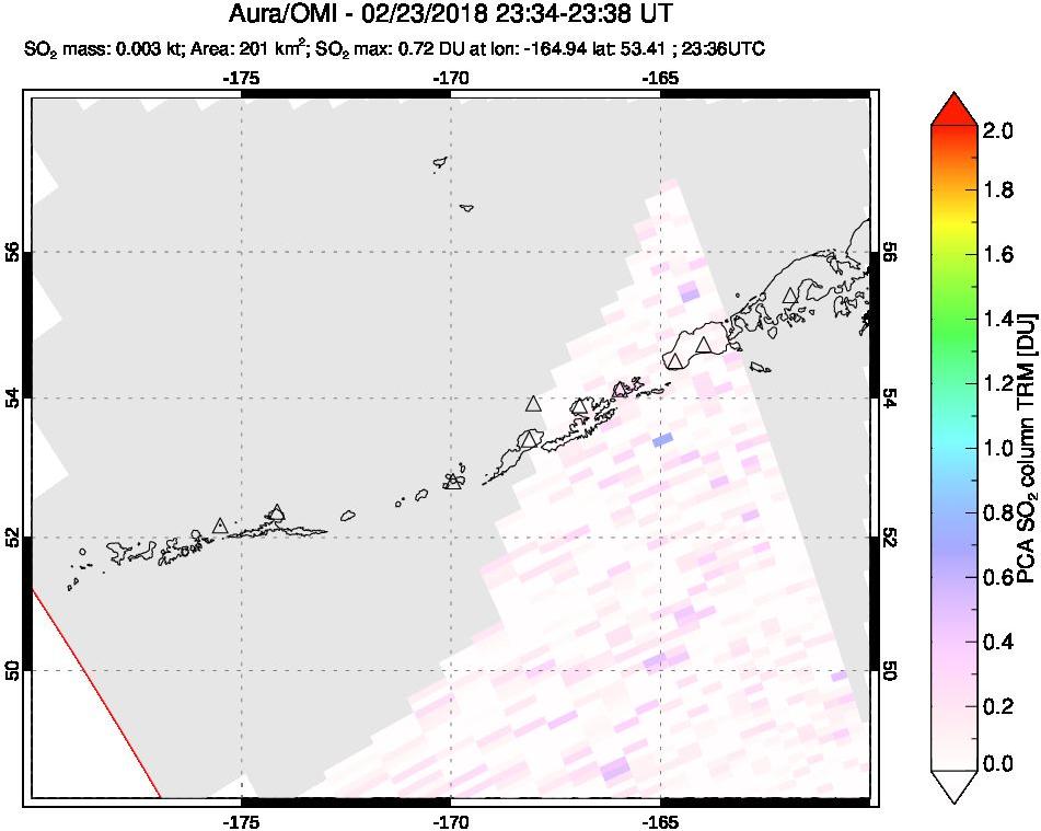 A sulfur dioxide image over Aleutian Islands, Alaska, USA on Feb 23, 2018.