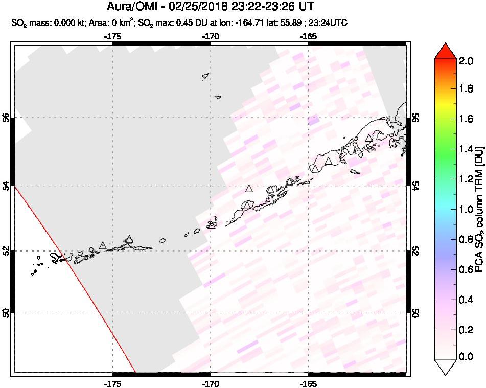 A sulfur dioxide image over Aleutian Islands, Alaska, USA on Feb 25, 2018.
