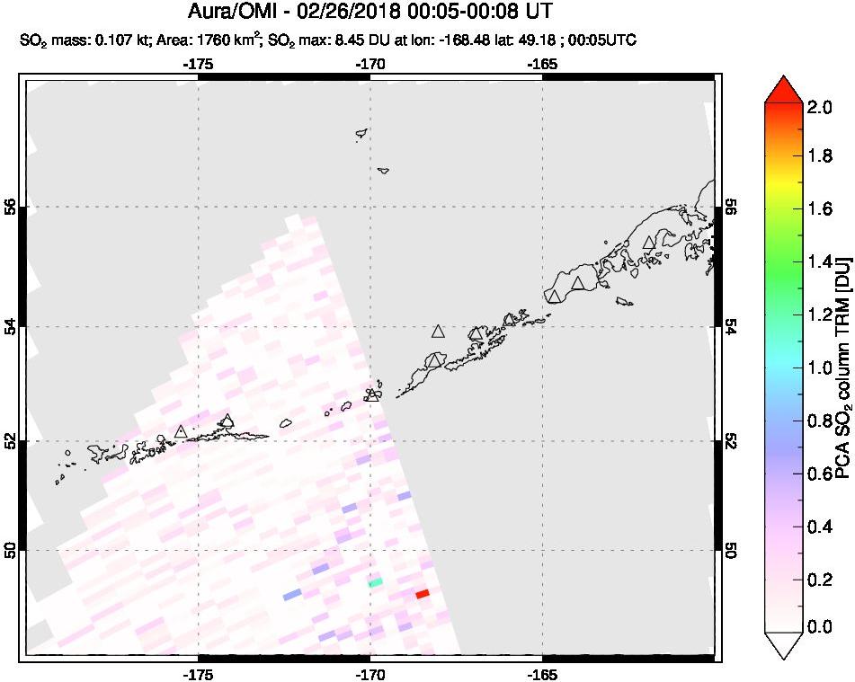 A sulfur dioxide image over Aleutian Islands, Alaska, USA on Feb 26, 2018.