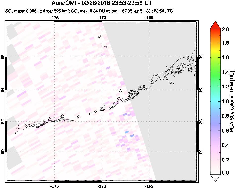 A sulfur dioxide image over Aleutian Islands, Alaska, USA on Feb 28, 2018.
