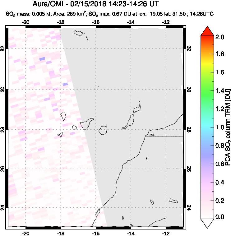 A sulfur dioxide image over Canary Islands on Feb 15, 2018.