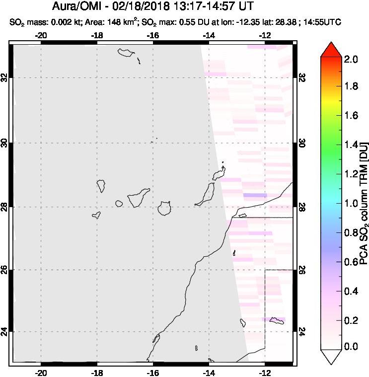 A sulfur dioxide image over Canary Islands on Feb 18, 2018.