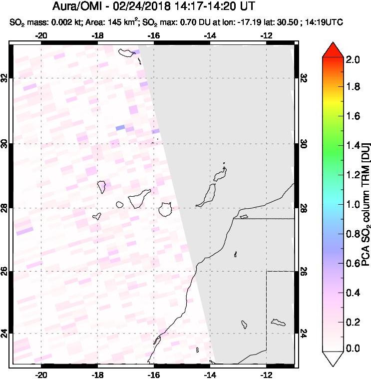 A sulfur dioxide image over Canary Islands on Feb 24, 2018.
