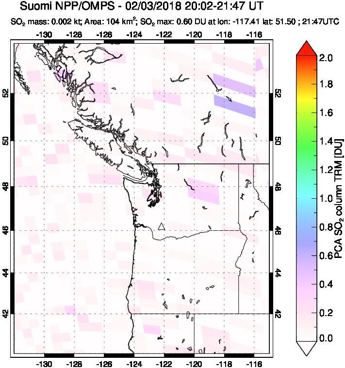 A sulfur dioxide image over Cascade Range, USA on Feb 03, 2018.