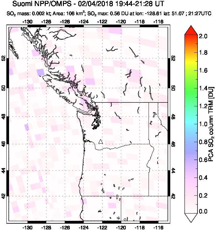 A sulfur dioxide image over Cascade Range, USA on Feb 04, 2018.