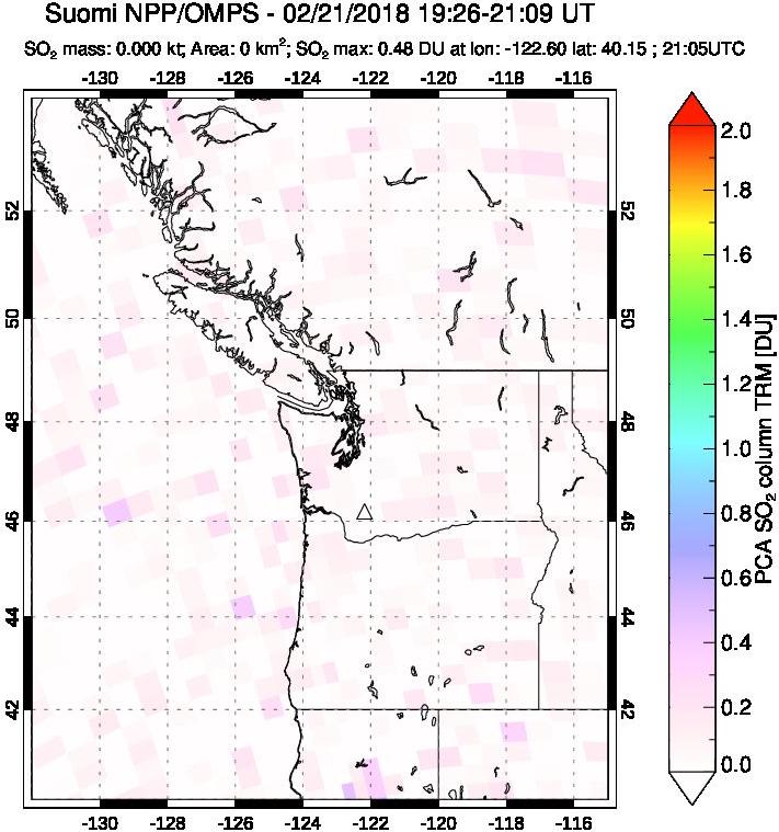 A sulfur dioxide image over Cascade Range, USA on Feb 21, 2018.