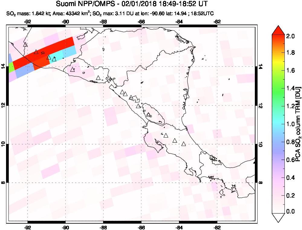 A sulfur dioxide image over Central America on Feb 01, 2018.