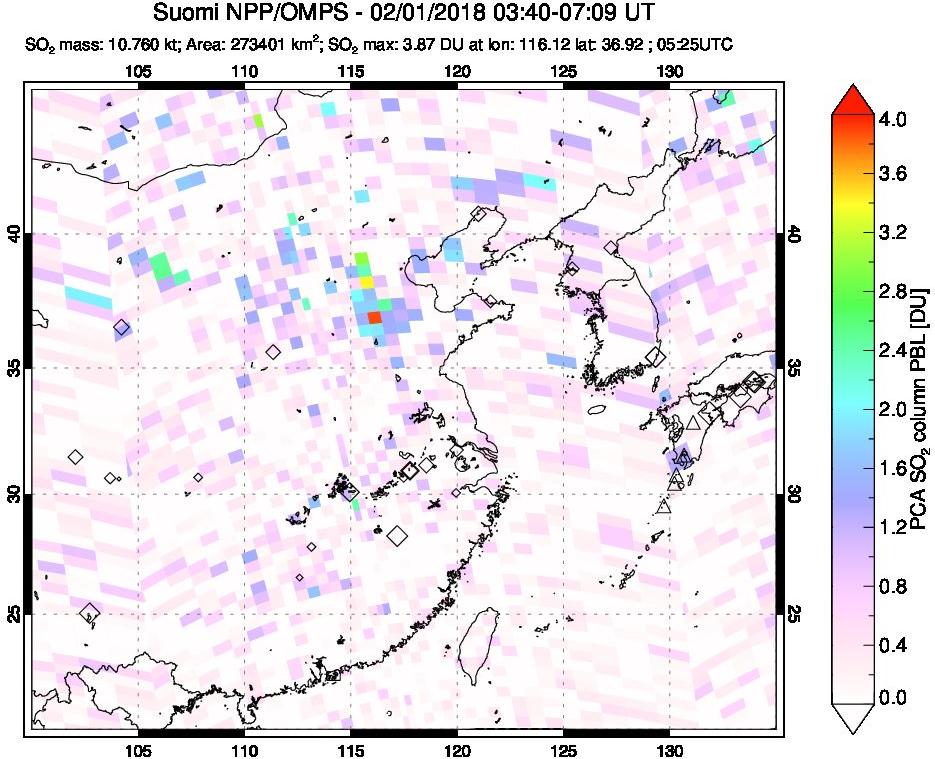 A sulfur dioxide image over Eastern China on Feb 01, 2018.