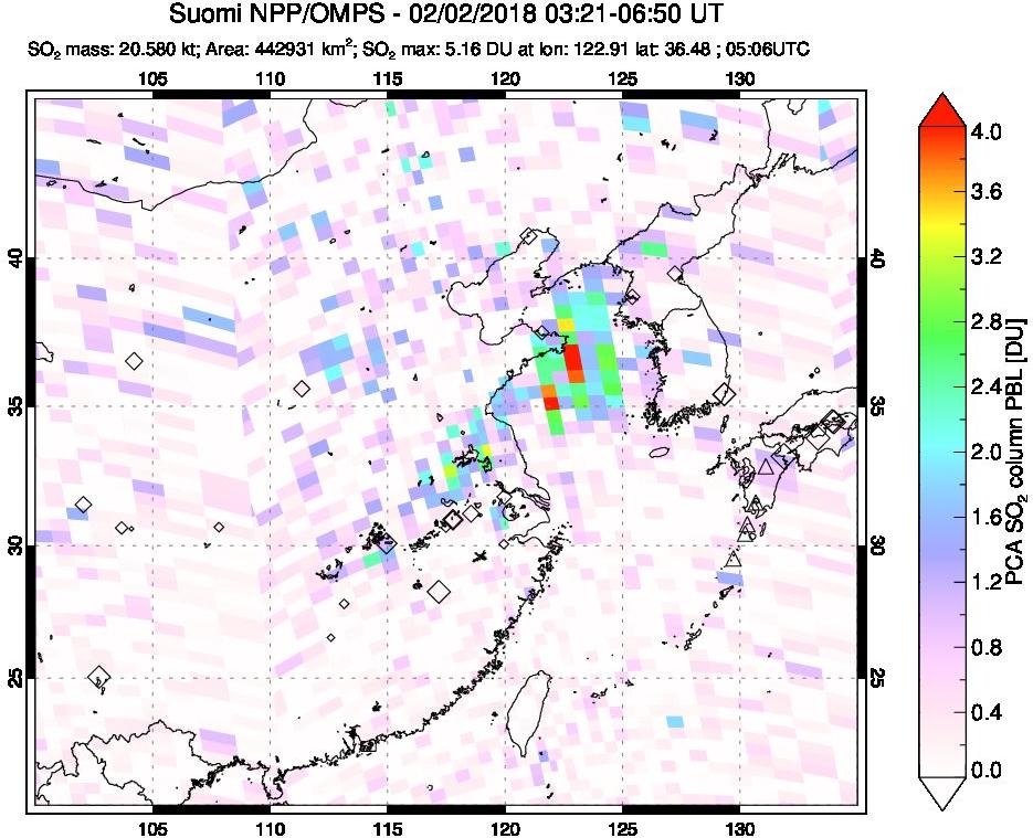 A sulfur dioxide image over Eastern China on Feb 02, 2018.