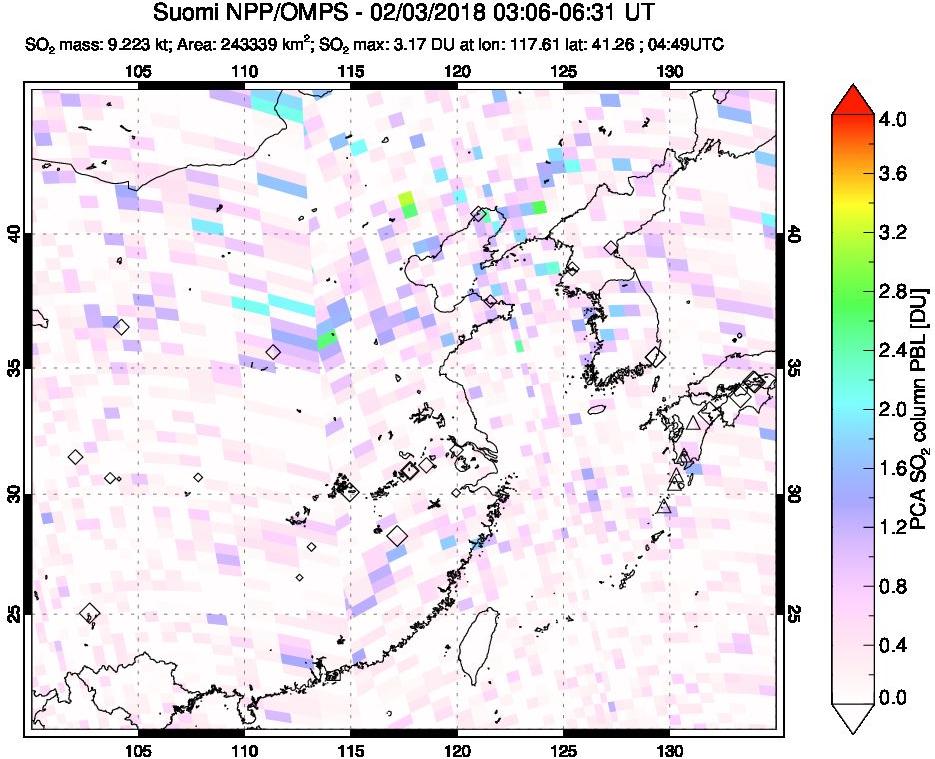 A sulfur dioxide image over Eastern China on Feb 03, 2018.