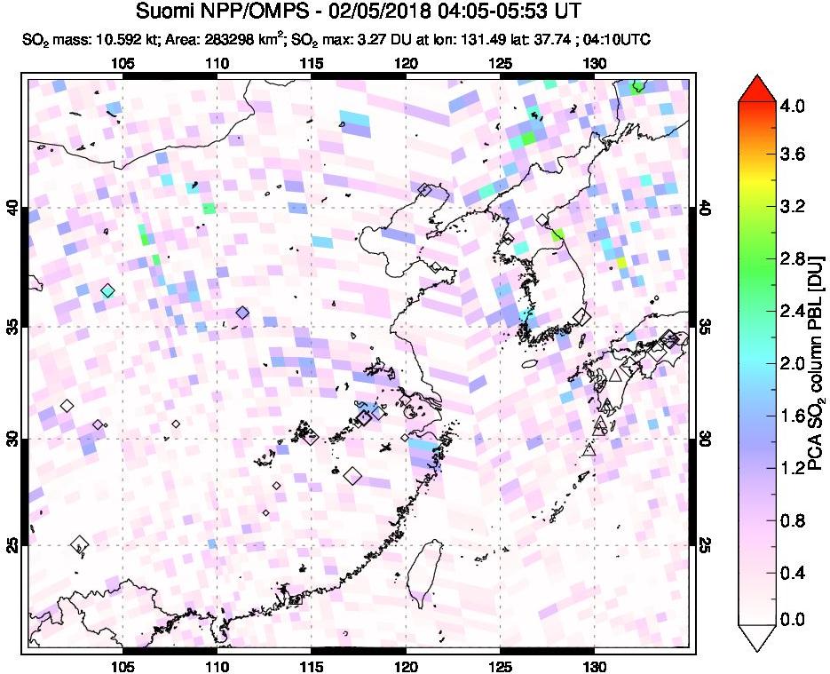 A sulfur dioxide image over Eastern China on Feb 05, 2018.