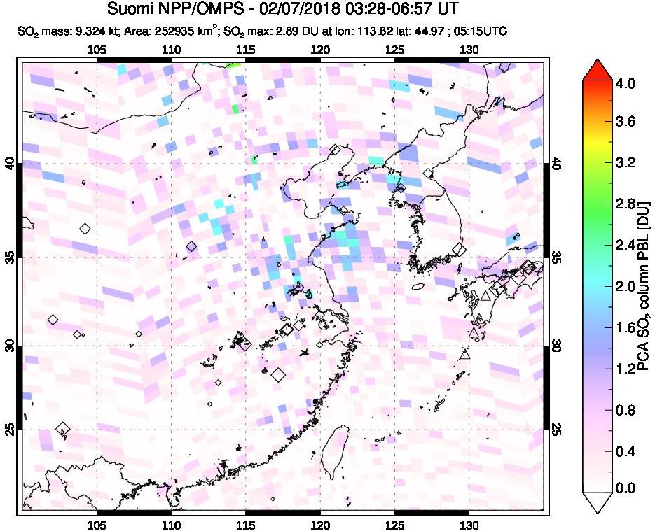 A sulfur dioxide image over Eastern China on Feb 07, 2018.
