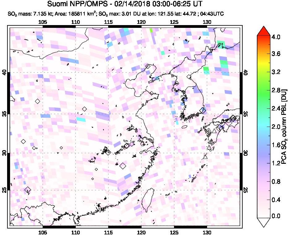 A sulfur dioxide image over Eastern China on Feb 14, 2018.