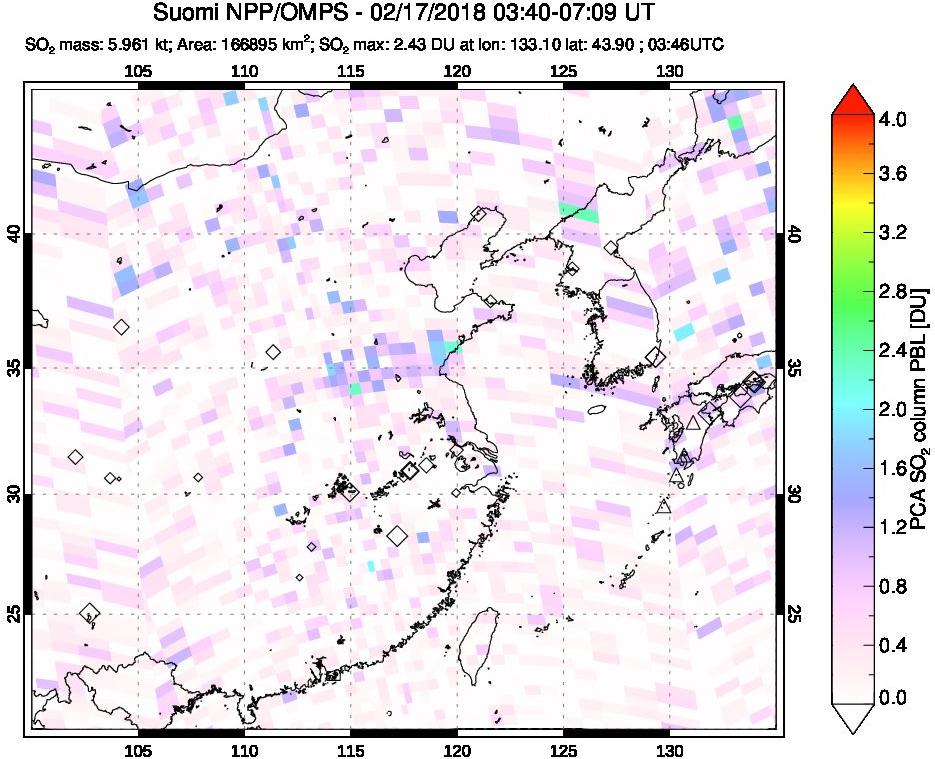 A sulfur dioxide image over Eastern China on Feb 17, 2018.