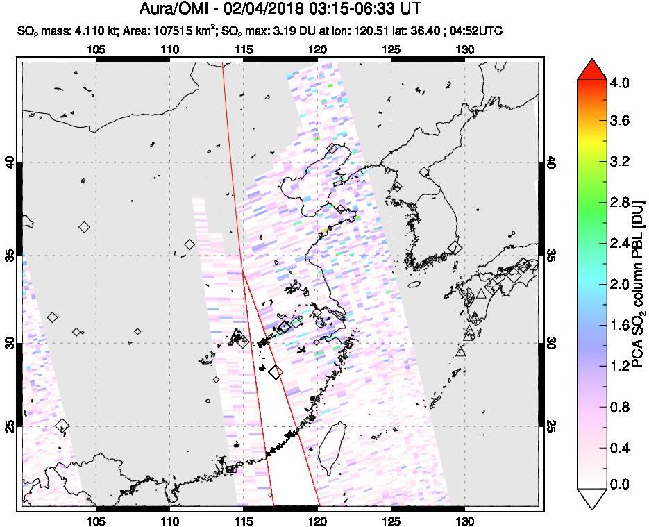 A sulfur dioxide image over Eastern China on Feb 04, 2018.