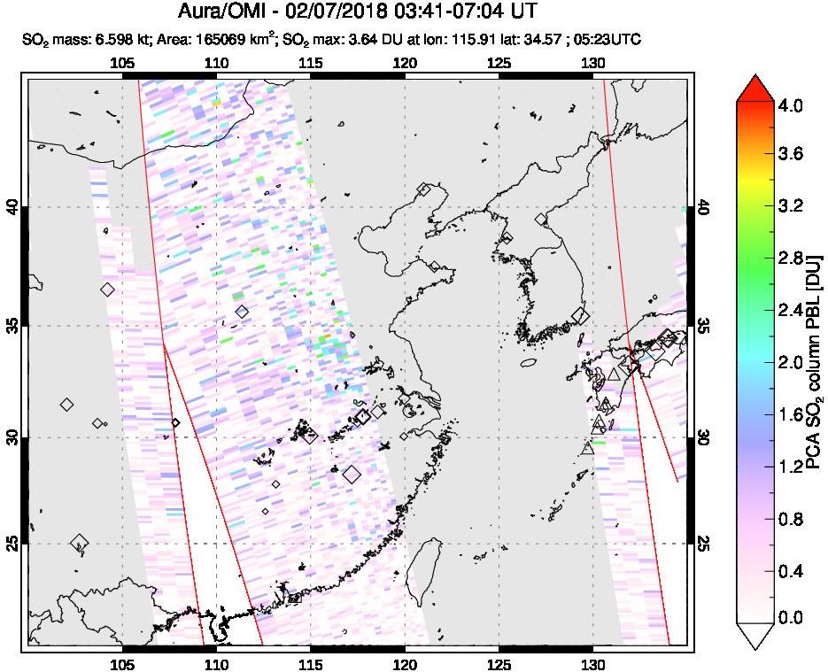 A sulfur dioxide image over Eastern China on Feb 07, 2018.