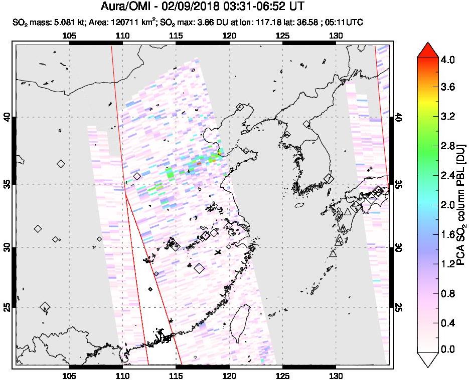 A sulfur dioxide image over Eastern China on Feb 09, 2018.