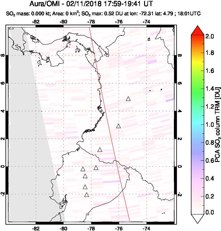 A sulfur dioxide image over Ecuador on Feb 11, 2018.