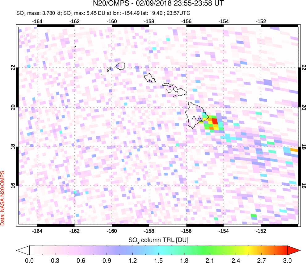A sulfur dioxide image over Hawaii, USA on Feb 09, 2018.