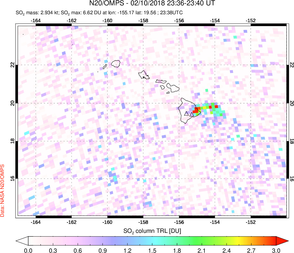 A sulfur dioxide image over Hawaii, USA on Feb 10, 2018.