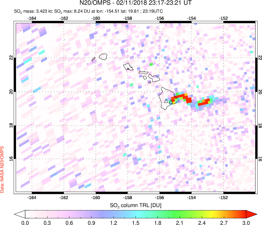 A sulfur dioxide image over Hawaii, USA on Feb 11, 2018.