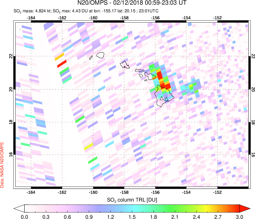 A sulfur dioxide image over Hawaii, USA on Feb 12, 2018.