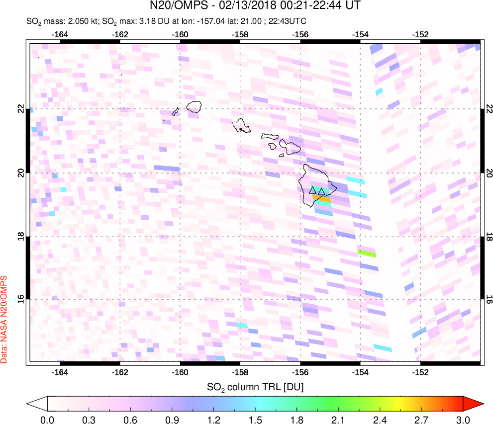 A sulfur dioxide image over Hawaii, USA on Feb 13, 2018.