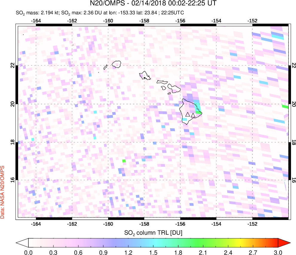 A sulfur dioxide image over Hawaii, USA on Feb 14, 2018.