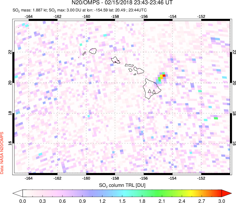 A sulfur dioxide image over Hawaii, USA on Feb 15, 2018.