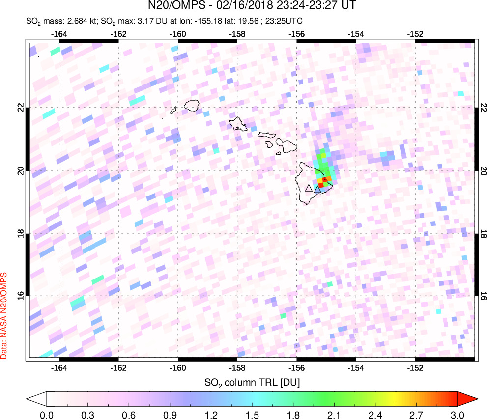 A sulfur dioxide image over Hawaii, USA on Feb 16, 2018.