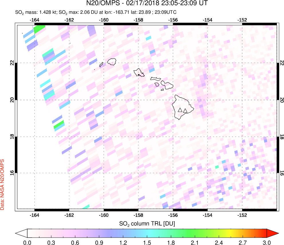 A sulfur dioxide image over Hawaii, USA on Feb 17, 2018.