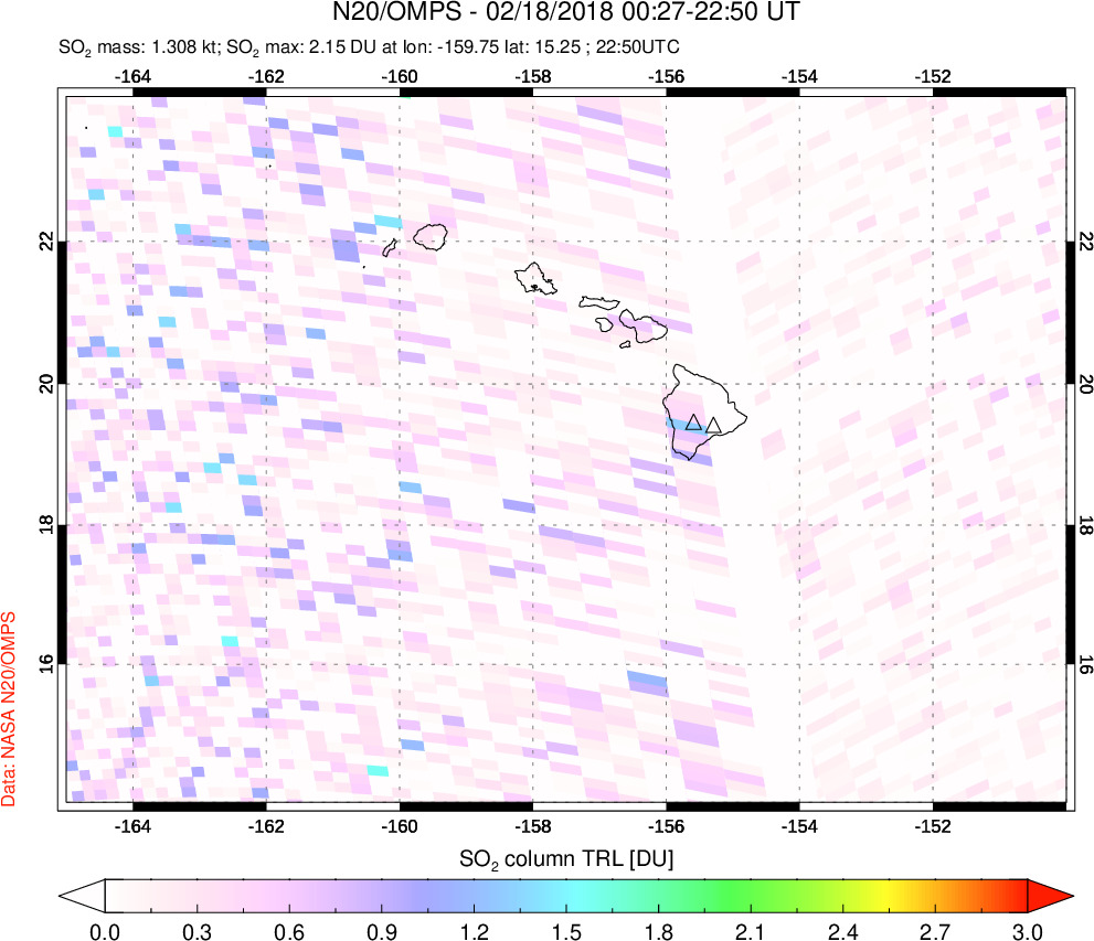 A sulfur dioxide image over Hawaii, USA on Feb 18, 2018.