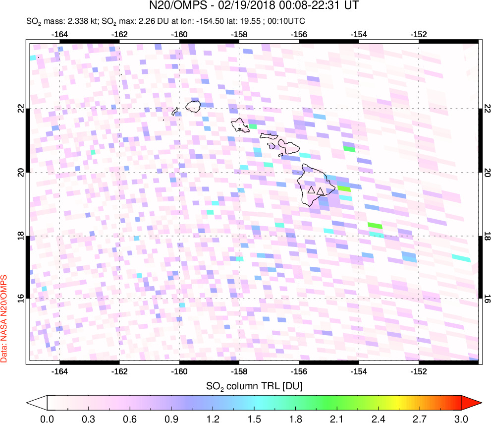 A sulfur dioxide image over Hawaii, USA on Feb 19, 2018.