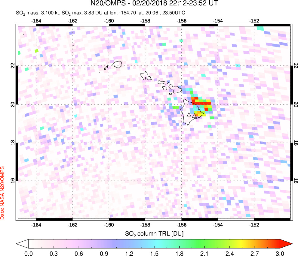 A sulfur dioxide image over Hawaii, USA on Feb 20, 2018.